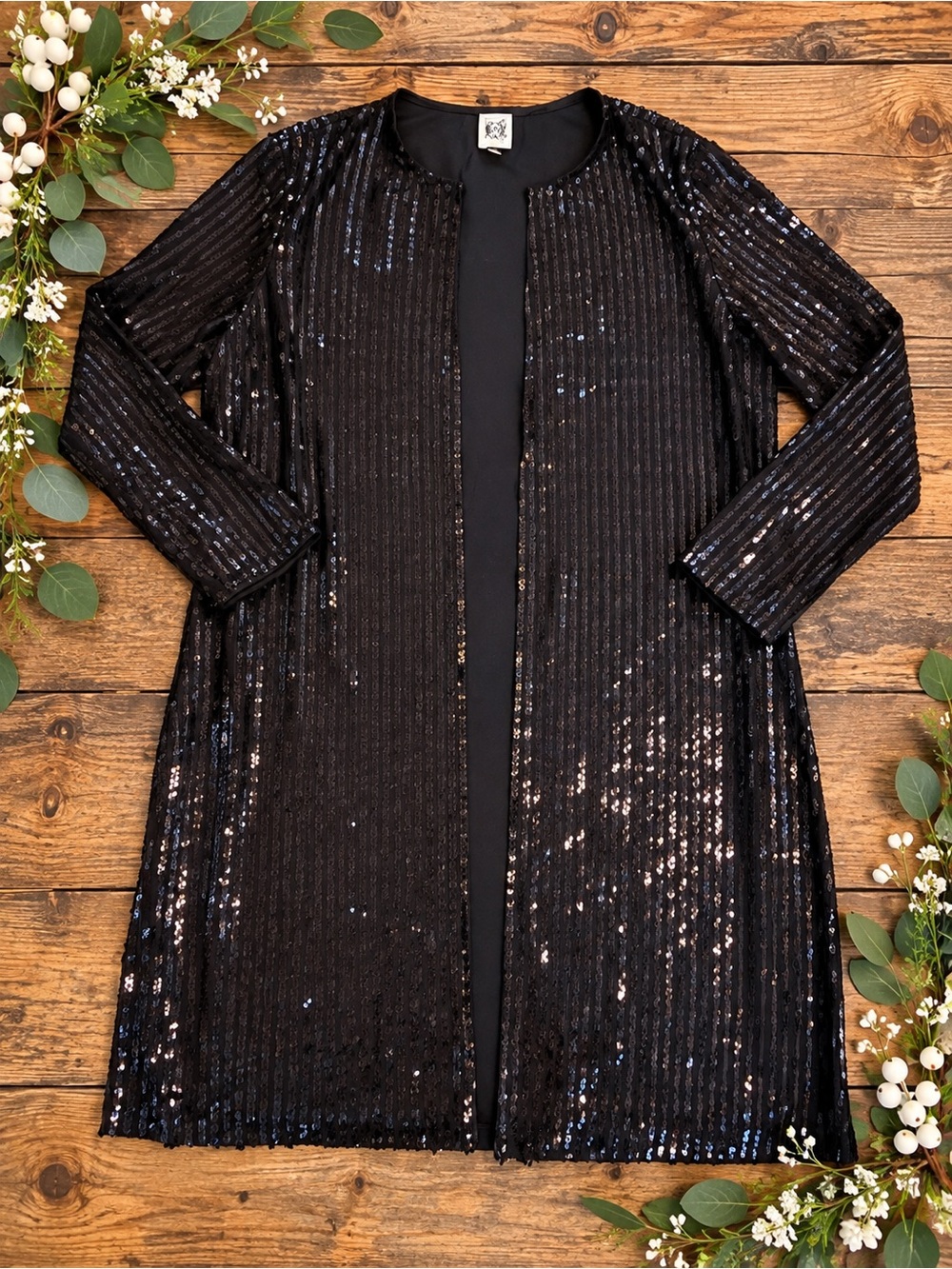 Anne Klein Black Sequin Long Open Front Duster Jacket Size L Evening Party